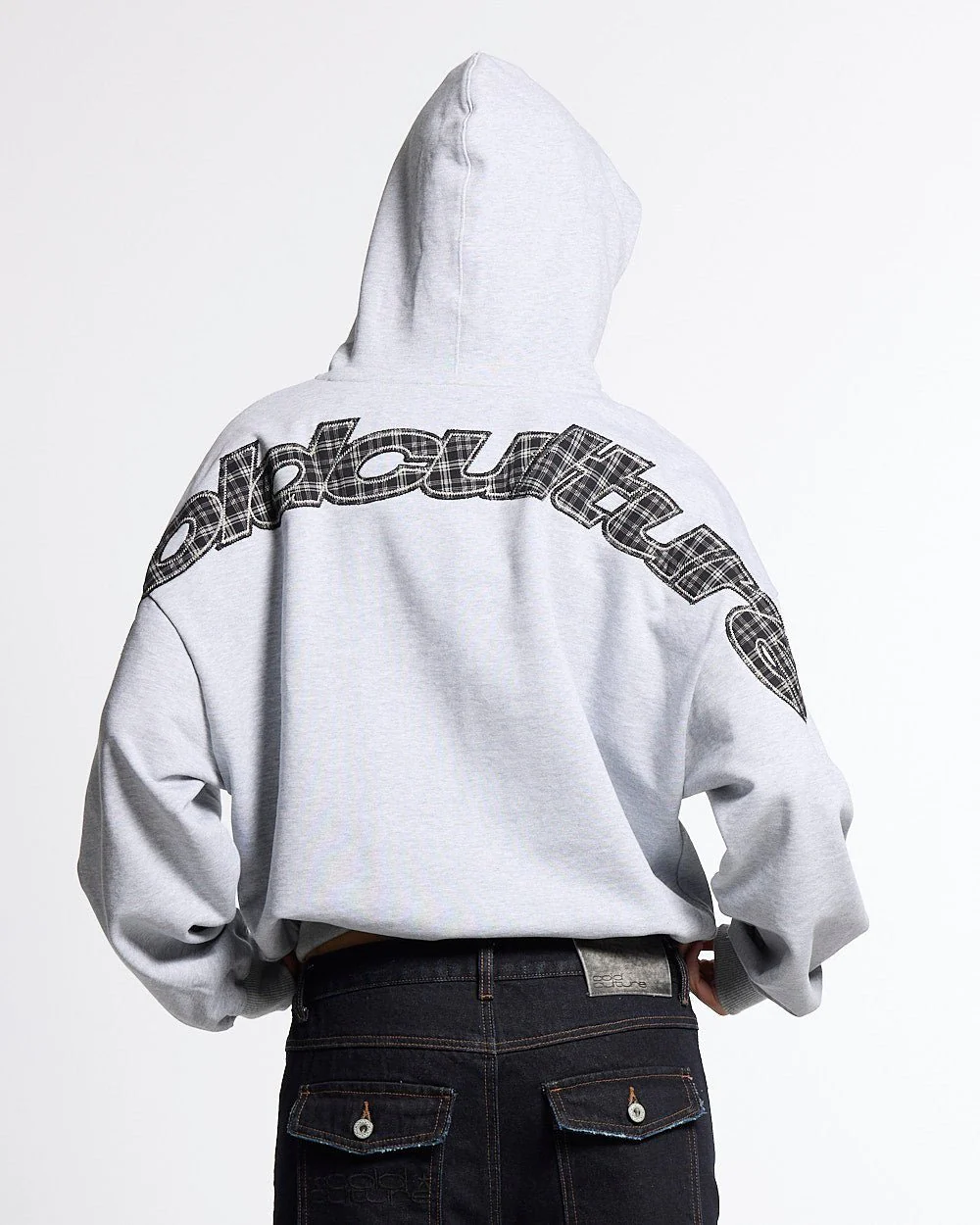 TARTAN DISTRESS CURVED HOODIE HEATHER GREY - Image 2